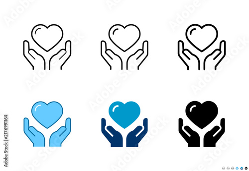 Hands holding heart icons in outline and solid styles, Editable stroke.