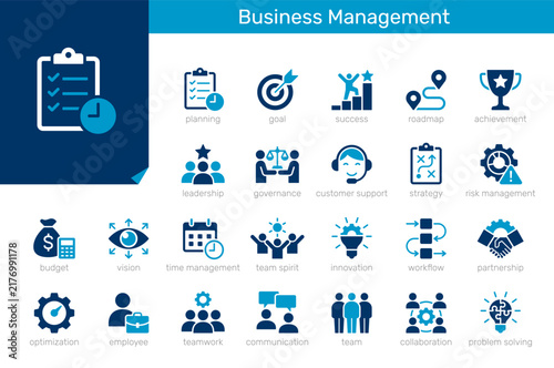 Business management icon collection for teamwork, strategy, and corporate success concept