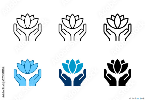 Hands holding lotus icons in outline and solid styles, Editable stroke.