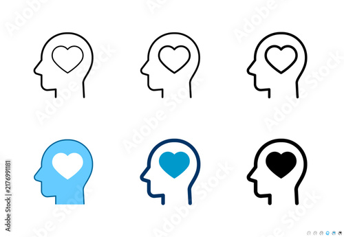 Human head with heart icons in outline and solid styles, Editable stroke.
