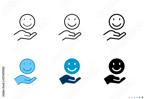 Hands holding smiley face icons in outline and solid styles, Editable stroke.