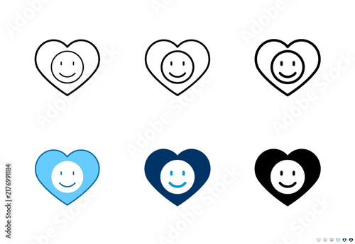 Happy heart emoji icons in outline and solid styles, Editable stroke.