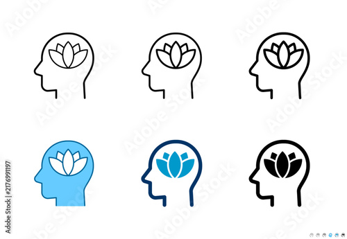 Human head with lotus icons in outline and solid styles, Editable stroke.