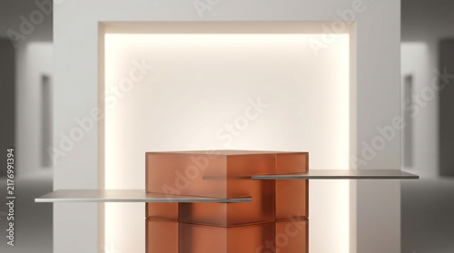 Front eye-level view of an earthy terracotta frosted glass block podium intersected by sleek horizontal planes under soft backlight.