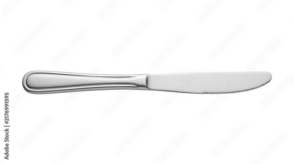 Fototapeta premium Single stainless steel dinner knife isolated on white background for restaurant table setting.