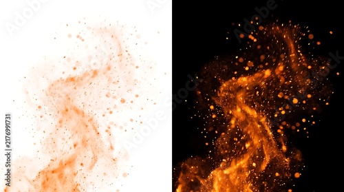 Bright orange fire sparks and glowing embers floating in the air isolated on white background
