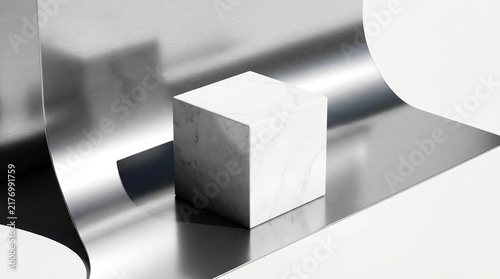 Macro view of a pure white marble square cube podium reflecting onto a polished metallic architectural curve under sharp shadows.