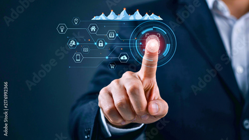 Futuristic business technology concept with holographic data visualization and cyber security interface