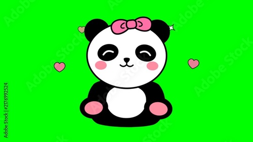 Cute cartoon panda with pink bow blinking and smiling on green background