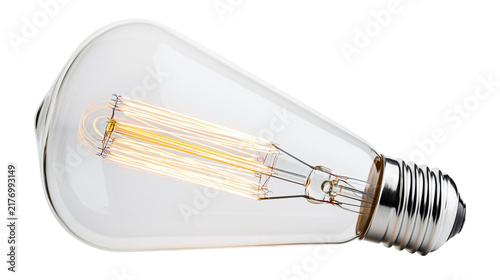 Fotografie Vintage Edison style pear shaped light bulb with glowing tungsten filament
