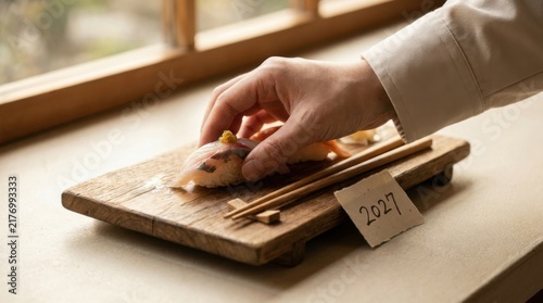 Chef Hand Plating Fresh Salmon Nigiri Sushi on Wooden Board with 2027 Tag