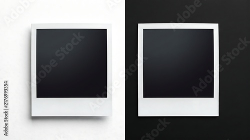 Two blank instant photo frames on split white and black background