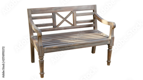 Canvas Print Rustic brown wooden garden bench with slatted seat and X-pattern backrest