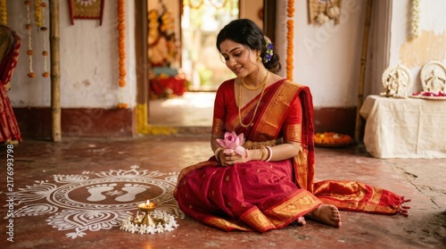 Indian woman in traditional red saree sitting with lotus flower for Diwali celebration