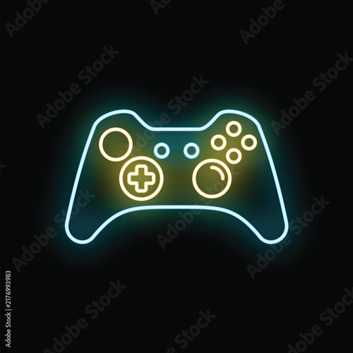 Neon game controller icon illustrating online entertainment and technology