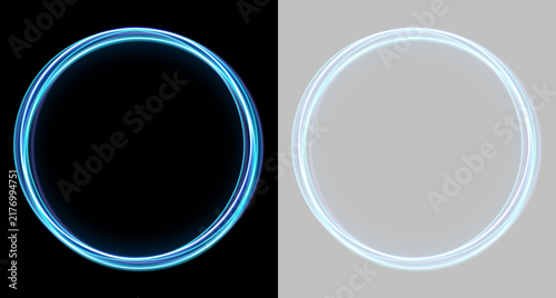 Obraz na plátně Dual glowing rings emit a neon-like blue light on a dark background