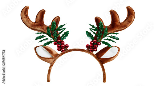 Canvas Print Brown velvet reindeer antler headband with green holly leaves and red berries