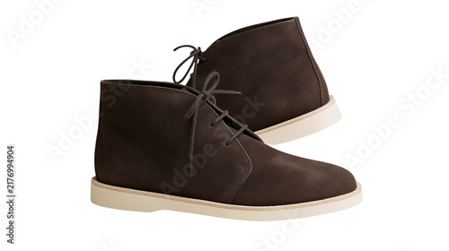 Фотография Dark brown suede leather desert boots with white rubber soles and lace-up closur
