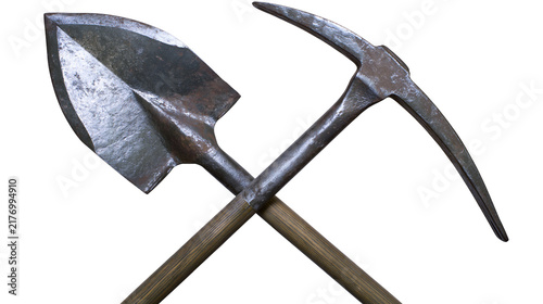 Foto Crossed vintage metal shovel and pickaxe with weathered wooden handles