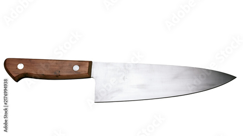 Fotografie Stainless steel kitchen chef knife with wooden handle and metal rivets