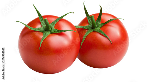 Foto Two ripe red tomatoes with green stems and leaves