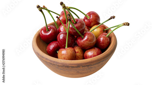 Canvas Print Fresh ripe red cherries with green stems in a rustic wooden bowl