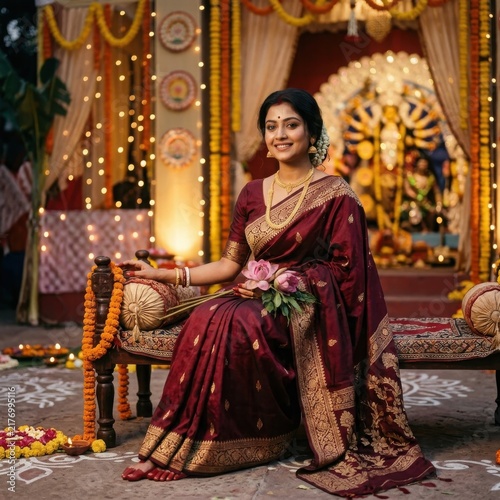 Indian woman in traditional maroon silk saree at Durga Puja festival celebration