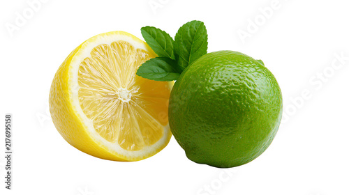 Cuadro en lienzo Fresh yellow lemon half and whole green lime with vibrant green mint leaves