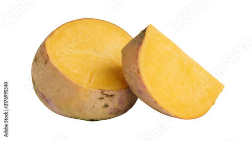 Bild auf Leinwand Fresh raw swede turnip cut into two pieces showing yellow flesh and brown skin