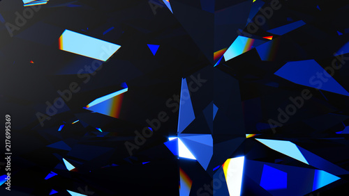 Abstract Dark Blue Crystal Facets with Prismatic Reflections, Abstract dark blue crystal facets with luminous prismatic reflections, creating a luxurious futuristic geometric background.