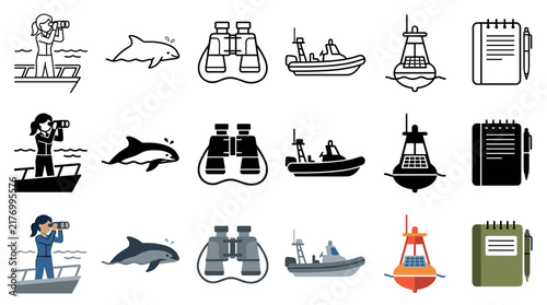 Marine icons set featuring woman observing wildlife, dolphin, binoculars, boat, navigation buoy, and a notebook for recording observations.