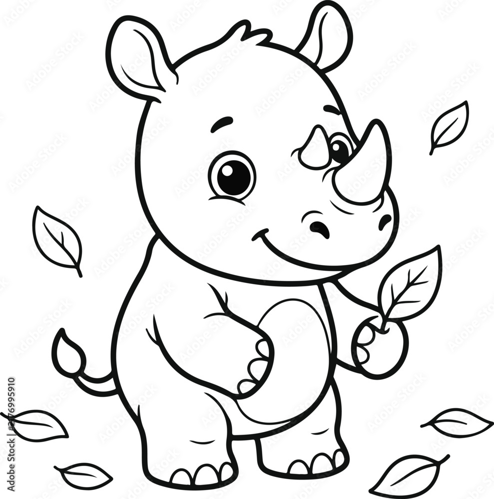 Obraz premium Cute cartoon baby rhinoceros standing and holding a leaf, simple line art coloring page for kids