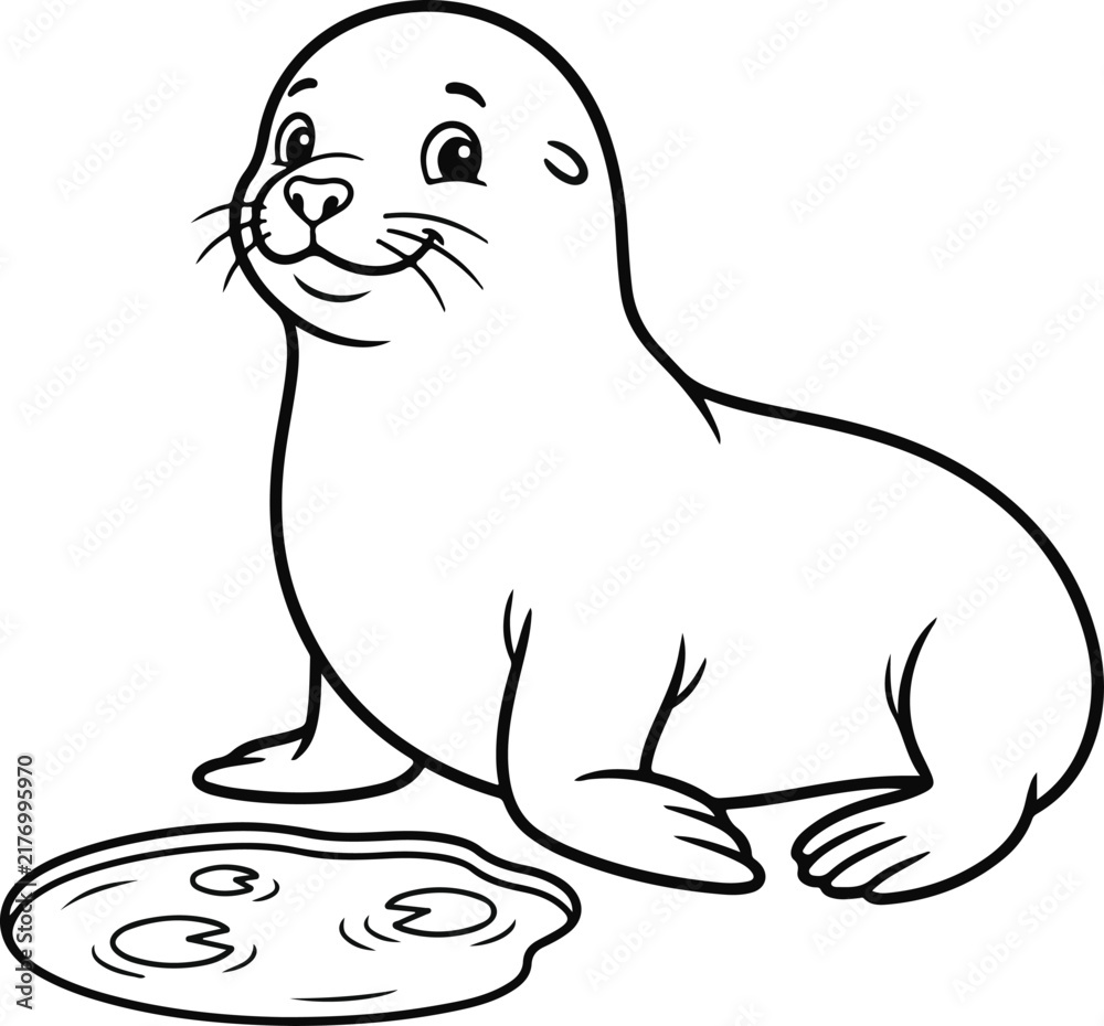 Fototapeta premium Cute cartoon seal character with a small pond, black and white line art illustration for coloring book