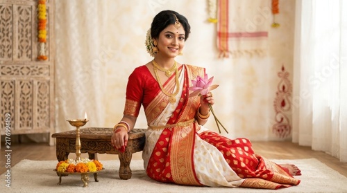 Indian woman in traditional red and white saree holding a lotus flower