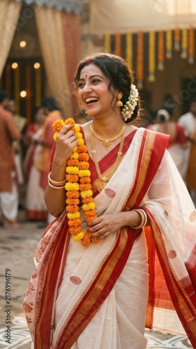 Happy Indian woman in traditional saree holding marigold flower garland at wedding event.