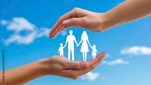 Hands protecting a family symbol against a bright sky representing insurance, safety and family security