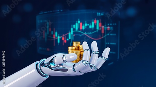 Robotic hand holding gold coins with a financial trading chart representing ai automation and investment