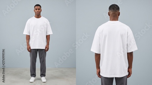 Man models comfortable oversized white t-shirt in front and back studio views for contemporary casual fashion