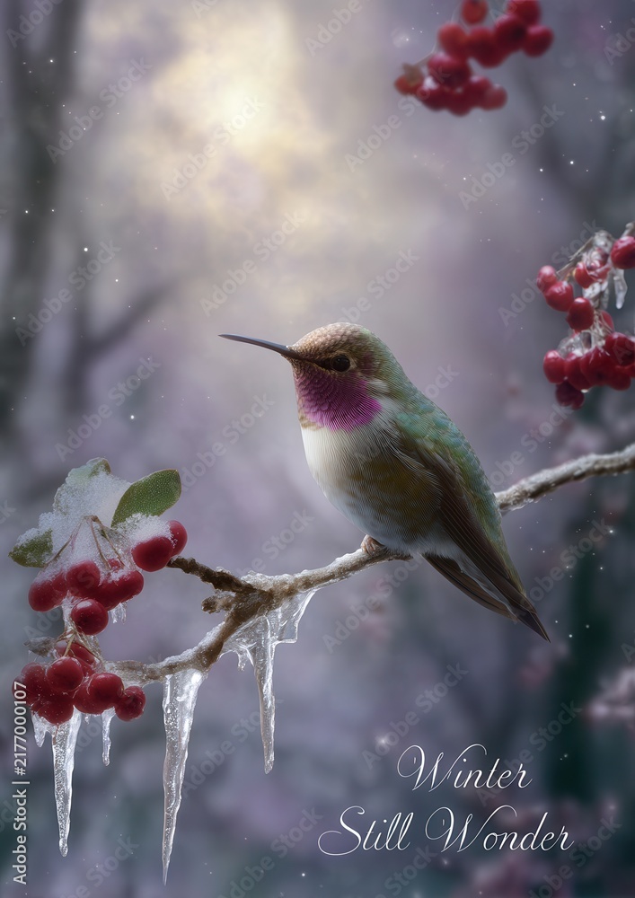 Obraz premium Hummingbird perched on icy branch with red berries