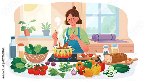 A woman in an apron stirs a clay pot on a stovetop, surrounded by fresh vegetables and herbs in a bright kitchen. Podcast cover for mindful cooking and plant-based nutrition.