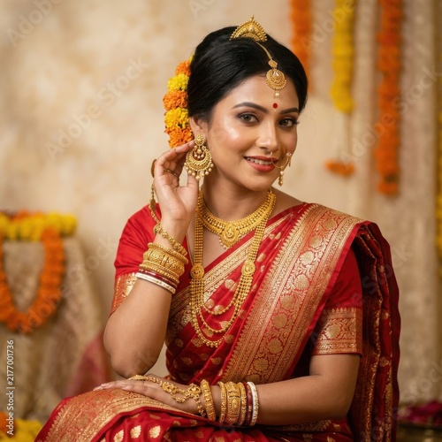 Indian bride in traditional red silk saree and gold jewelry for wedding ceremony