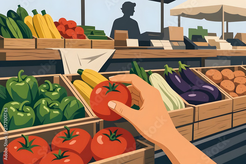 A hand selects a ripe tomato from a wooden crate at an outdoor farmers market, surrounded by fresh vegetables like bell peppers and eggplants. Podcast cover for food sustainability