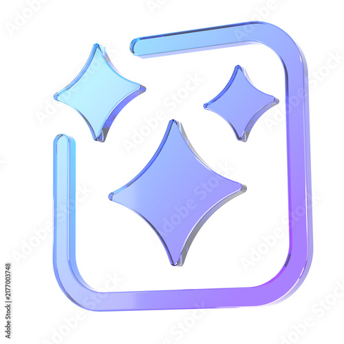 3D Rendering Glass AI Sparkle Frame Icon Blue Purple Gradient Magic Generate Button Symbol on White Background