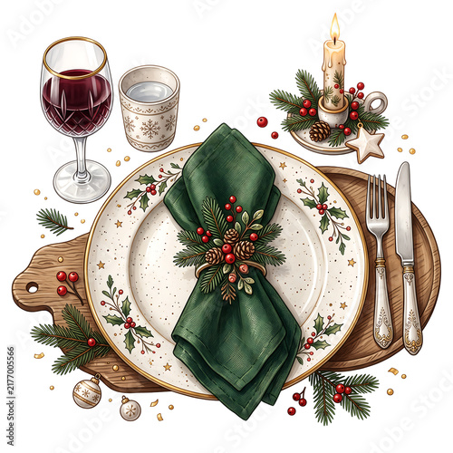 Christmas table setting with festive dinner plate and green napkin on wooden board