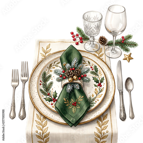 Elegant Christmas Table Setting with Green Napkin and Holiday Plates Isolated
