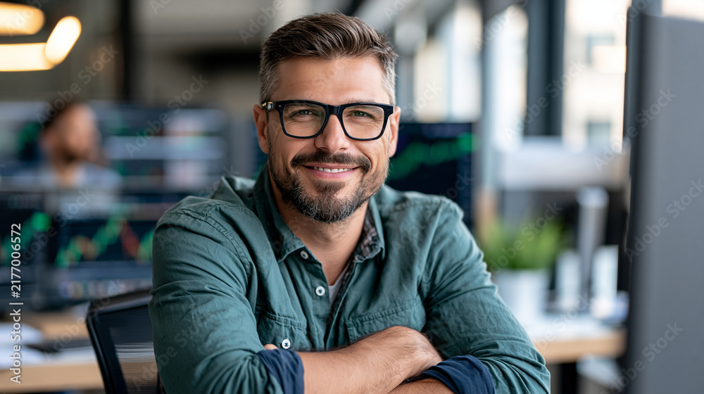 Obraz premium Young European male financial faceless analyst smiles confidently at his desk, surrounded by multiple monitors displaying market data and charts, embodying modern workplace, with