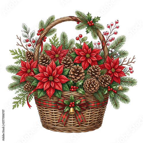 Christmas Poinsettia Flower Basket with Pine Cones and Holly Berries Isolated on White