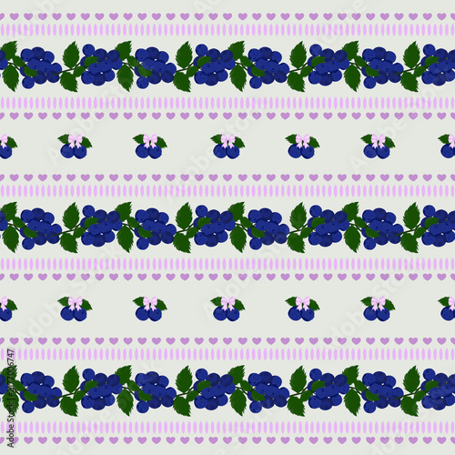 Kawaii blueberry seamless pattern of blueberry branches , blueberry  with bow motif and purple heart with stripes of light purple.