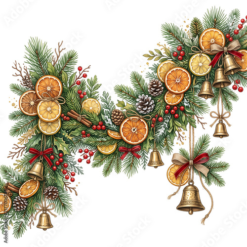 Christmas garland with dried orange slices, pine branches, and golden bells on white