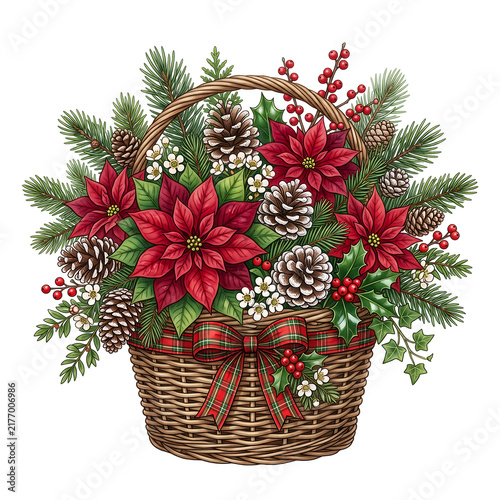 Festive Christmas Poinsettia Flower Basket with Pine Cones and Holly Berries Isolated